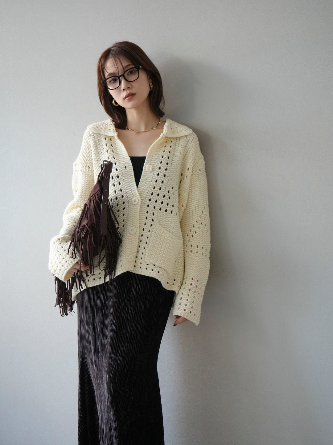 [予約]丸襟透かし編みニットカーディガン/オフ