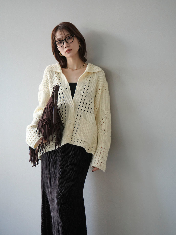 [予約]丸襟透かし編みニットカーディガン/オフ