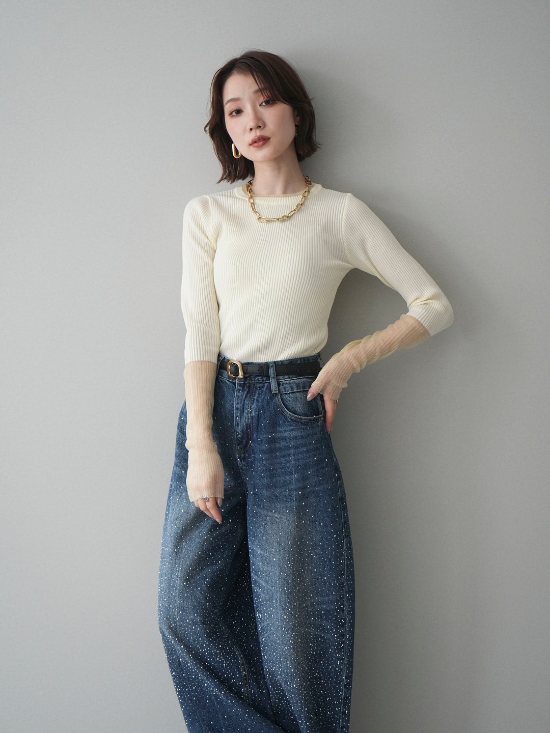 [SET]リブラメシアー切替リブニットトップス+ラインストーンカーブデニムパンツ(2set)