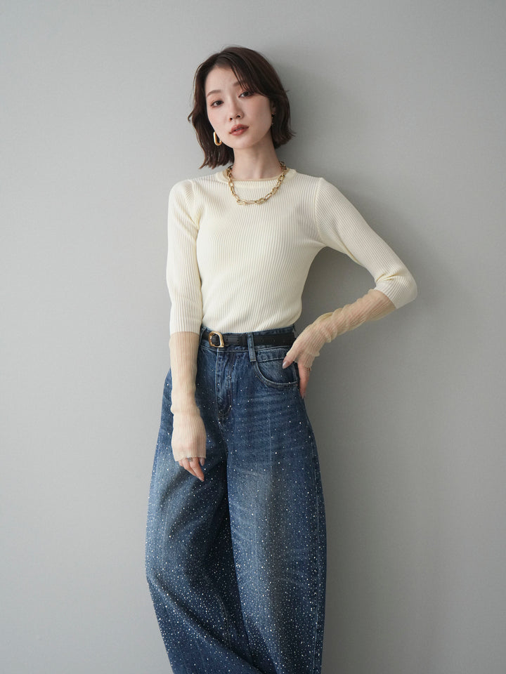 [SET]リブラメシアー切替リブニットトップス+ラインストーンカーブデニムパンツ(2set)