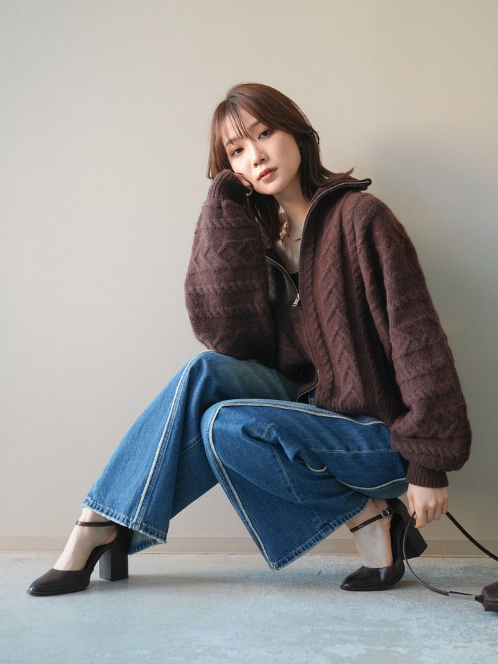 [予約]ケーブル編みハイネックZIPニットカーディガン/brown