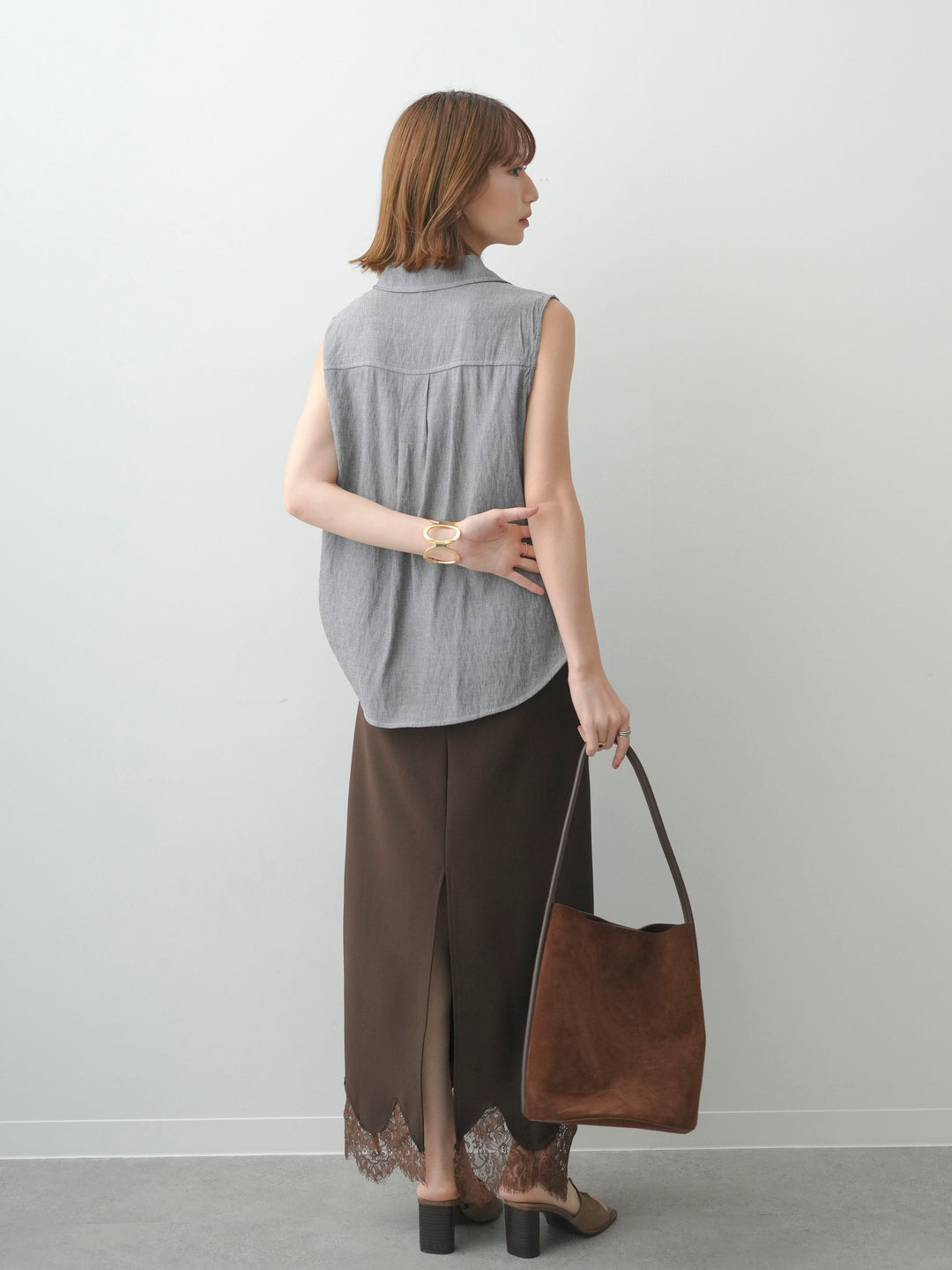 [SET]リネンライクシングルポケットノースリシャツ+レースヘムストレッチIラインスカート(2set)