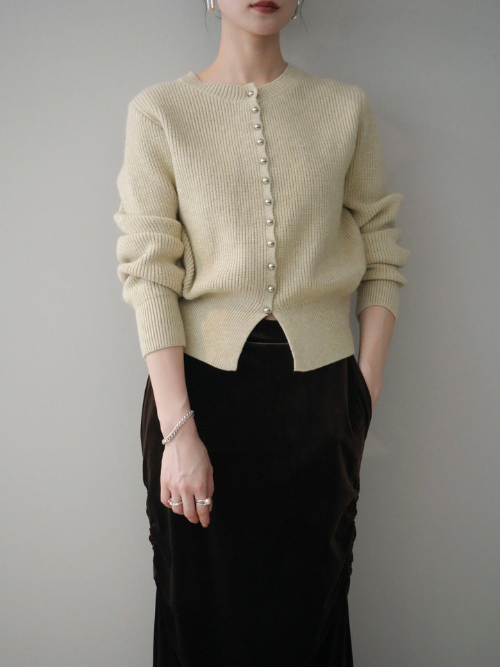 [SET]シルバーボタン畦編みニットカーディガン+ギャザーベロアスカート(2set)