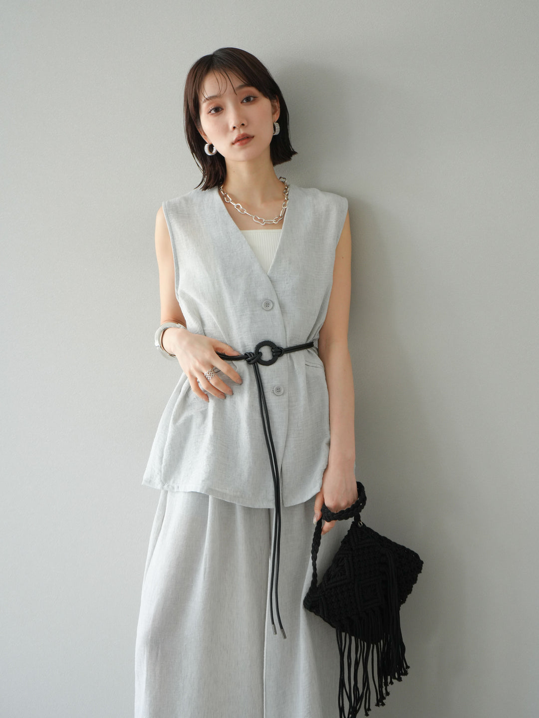 [SET]ベルト付リネンタッチベスト＆ワイドパンツSET UP(2set)