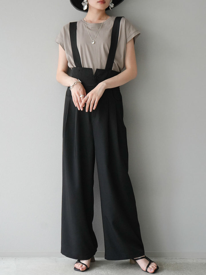 [SET] High waist suspender wide pants + French sleeve T-shirt (2set)