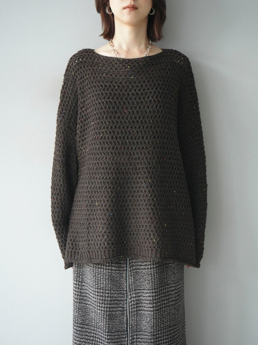 [予約]ネップ透かし編みオーバーニット/brown