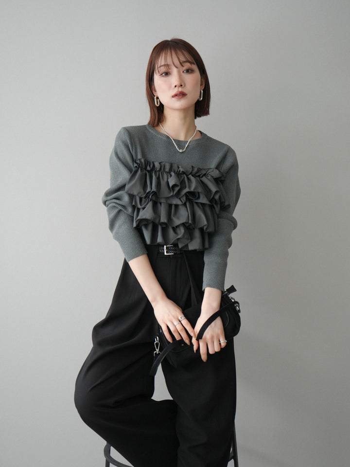 [予約]フリルビスチェドッキングスポンジニットプルオーバー/gray