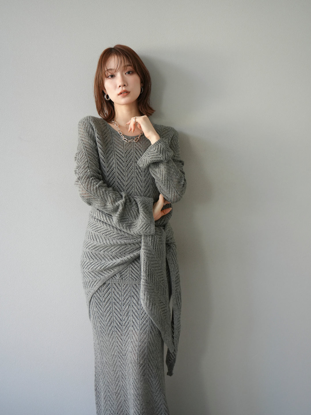 [予約]透かし編みニットトップス/グレー
