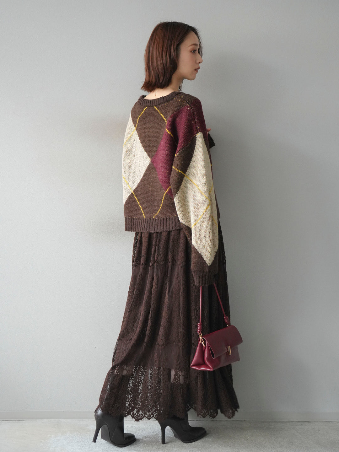 [SET]配色ステッチアーガイル柄ニットプルオーバー+ヴィンテージライクメッシュレーススカート(2set)