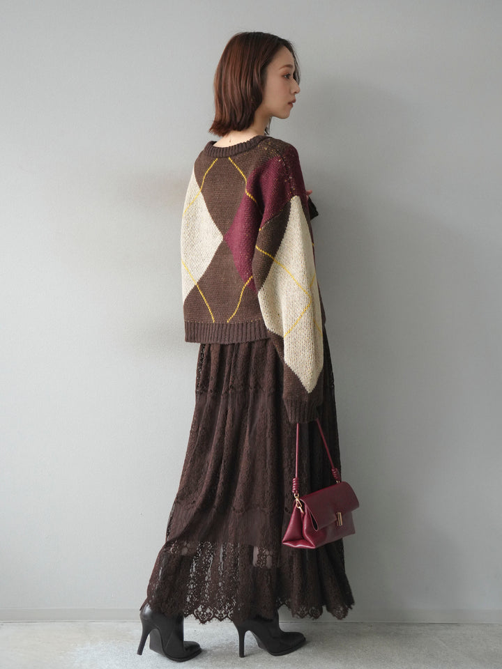 [SET]配色ステッチアーガイル柄ニットプルオーバー+ヴィンテージライクメッシュレーススカート(2set)