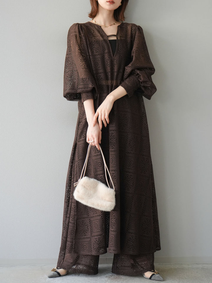 [予約]ブロックレースボリュームスリーブワンピース/ブラウン