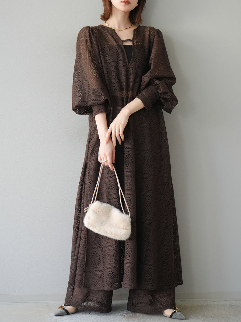 予約]ブロックレースボリュームスリーブワンピース/ブラウン
