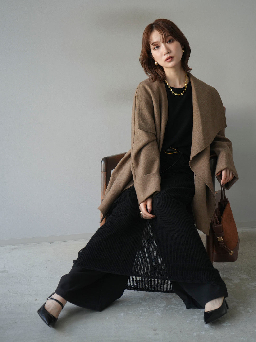 [予約]メッシュ切替ノースリーニットワンピース/black