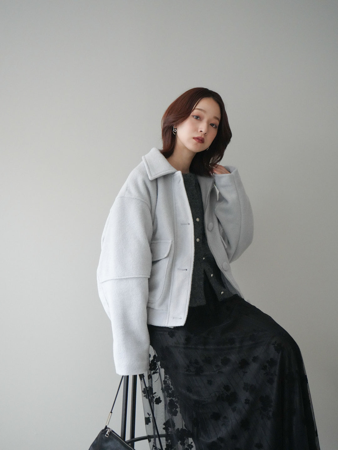 [SET]ウールライクフライトジャケット+フラワーフロッキーチュールプリーツスカート(2set)