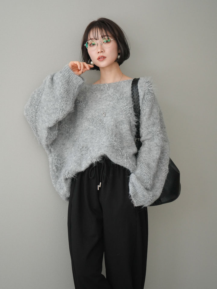 [SET]シャギーデザインニットプルオーバー+裾ZIPスエットワイドパンツ(2set)