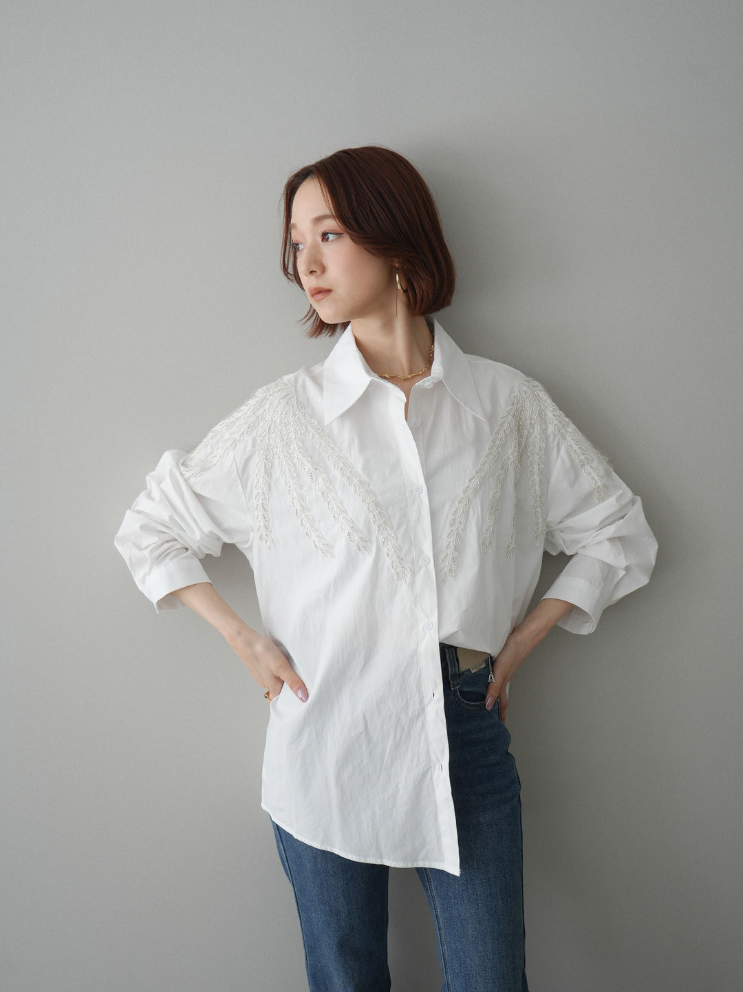 [SET]ビーズ刺繍デザインシャツ+フリンジデザインセミフレアデニム(2set)