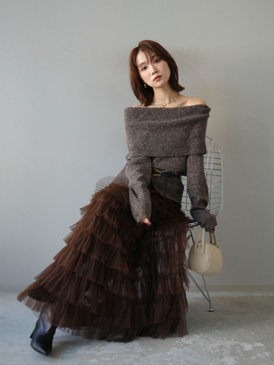 [予約]ミックスヤーンオフショルニットプルオーバー/ブラウン