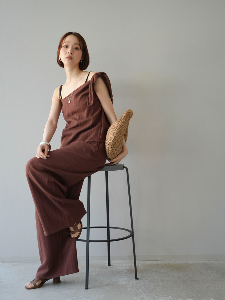 [SET]アシンメトリーショルダーデザイントップス＆ワイドパンツSET UP(2set)