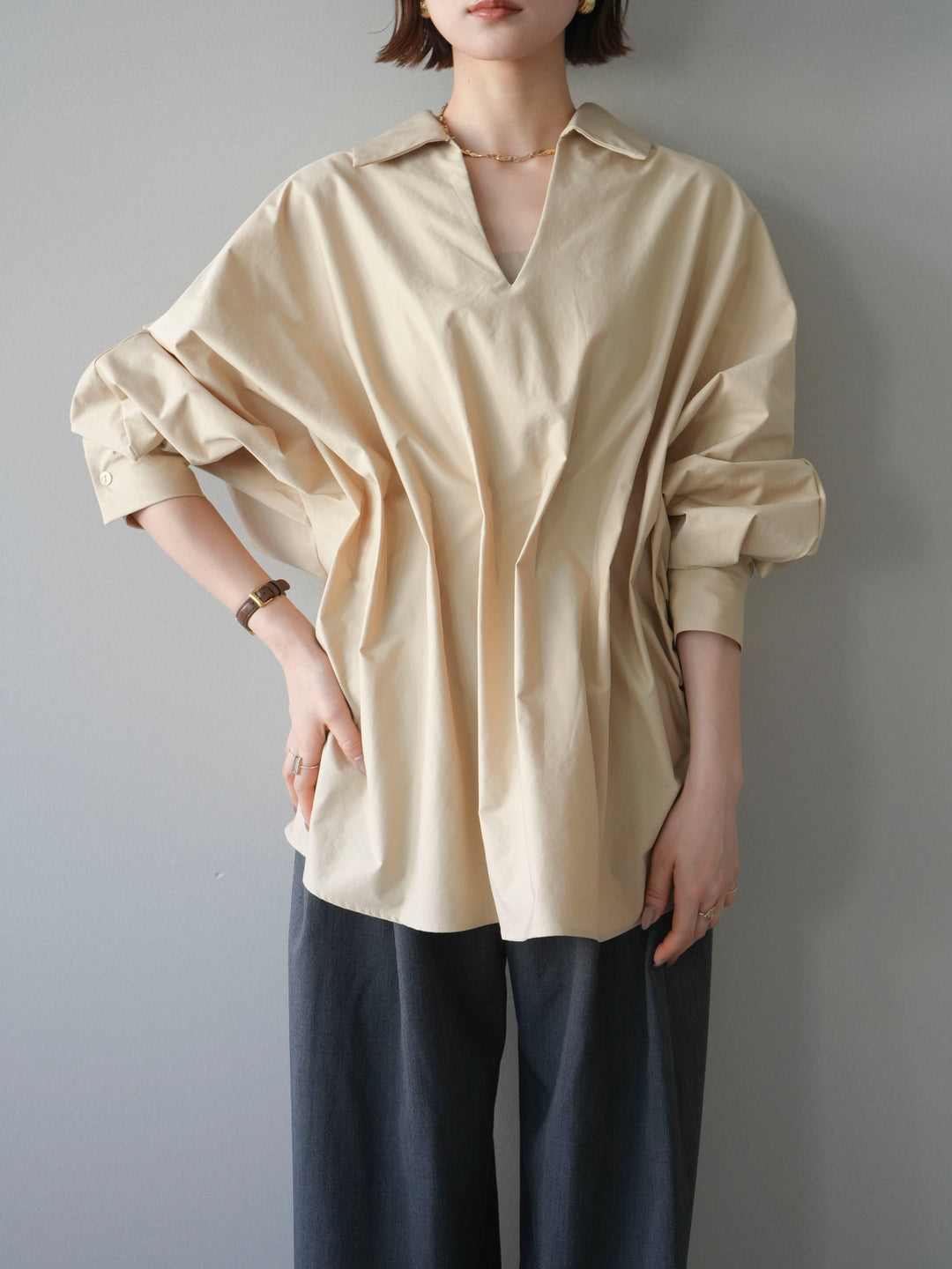 [予約]ウエストギャザースキッパーシャツ/beige