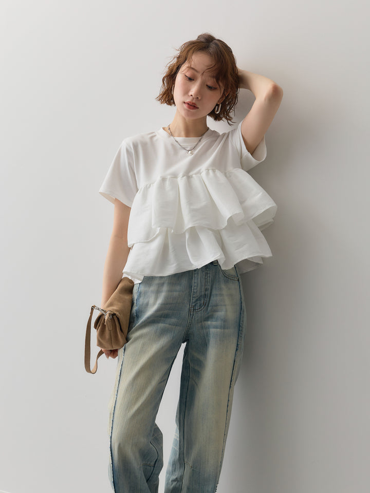 [SET]フリルティアードTEE+縦ウォッシュワイドデニムパンツ(2set)