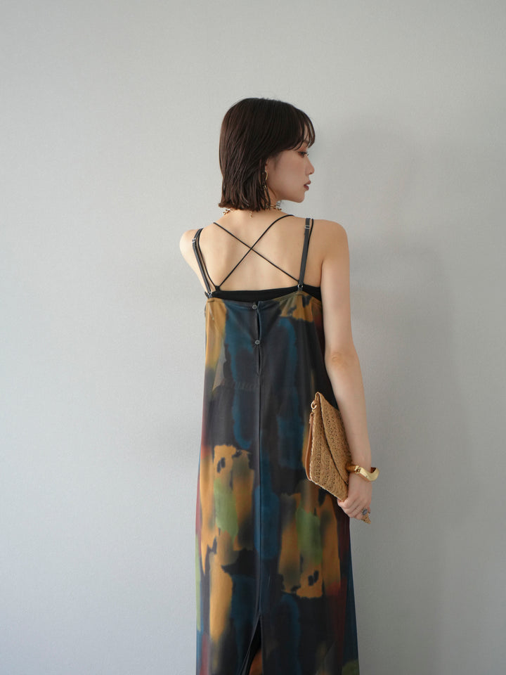 [SET]水彩アートシアーキャミワンピース+カップ付きバッククロスキャミソール(2set)