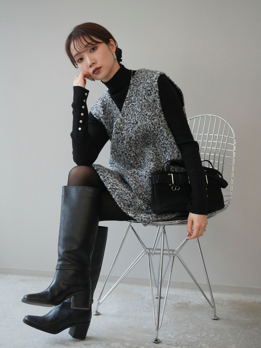 [予約]ミックスループヤーンニットミニワンピース/gray