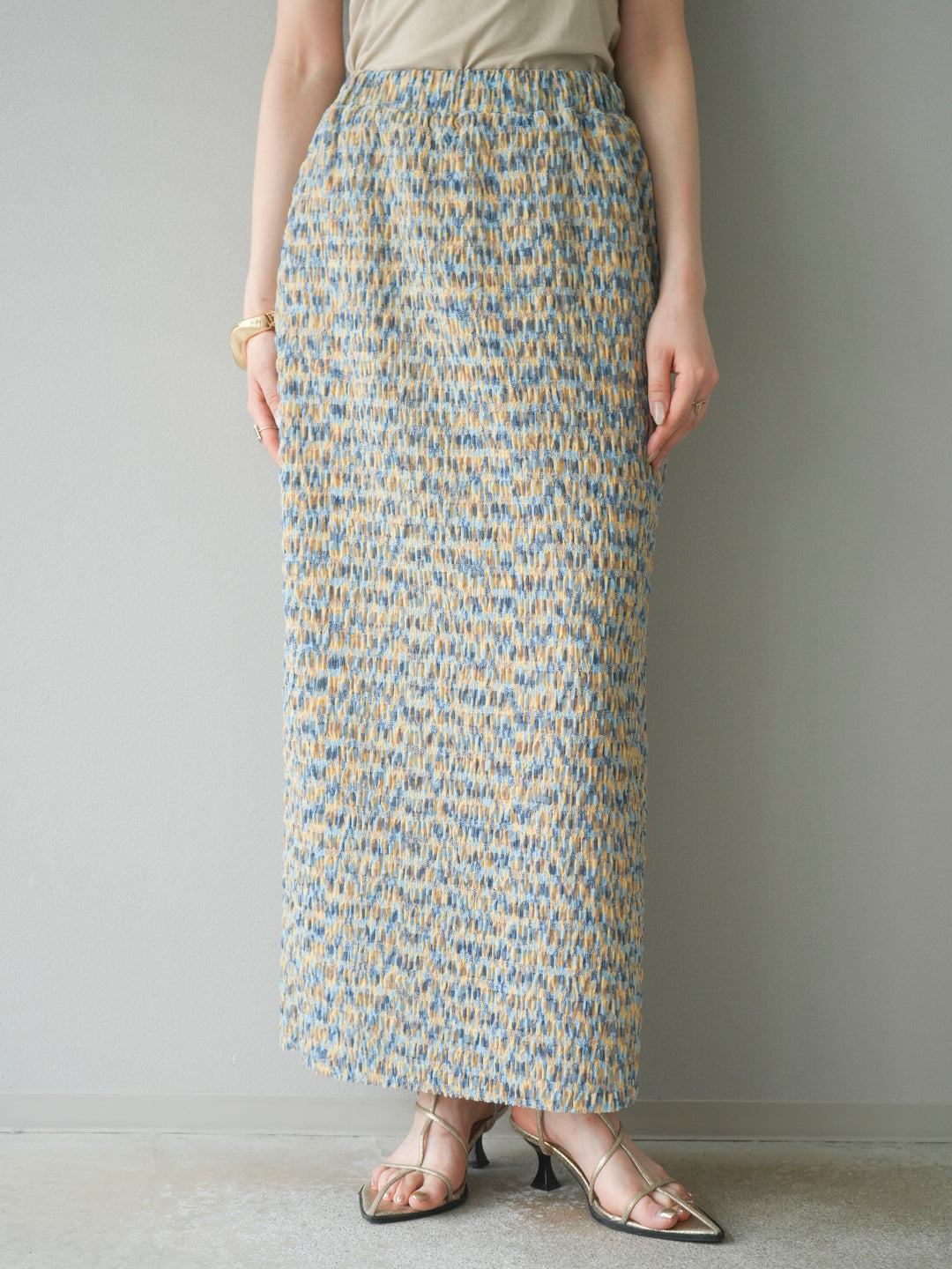 [予約]マルチカラーランダムプリーツタイトスカート/イエロー