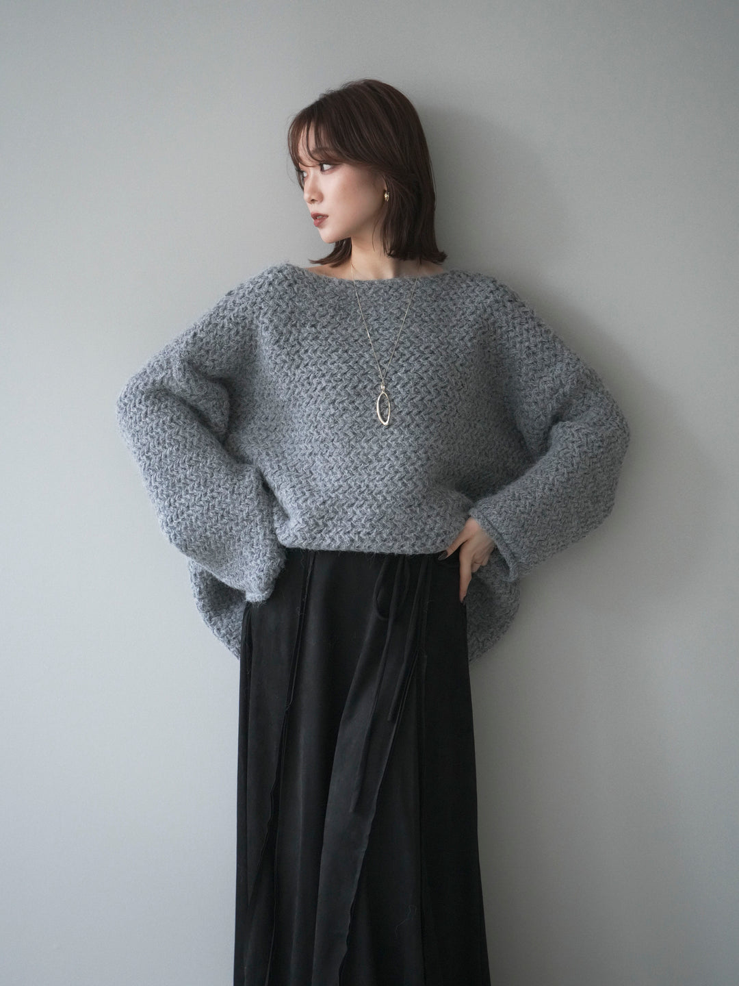 [予約]ワッフル編みオーバーニットプルオーバー/gray