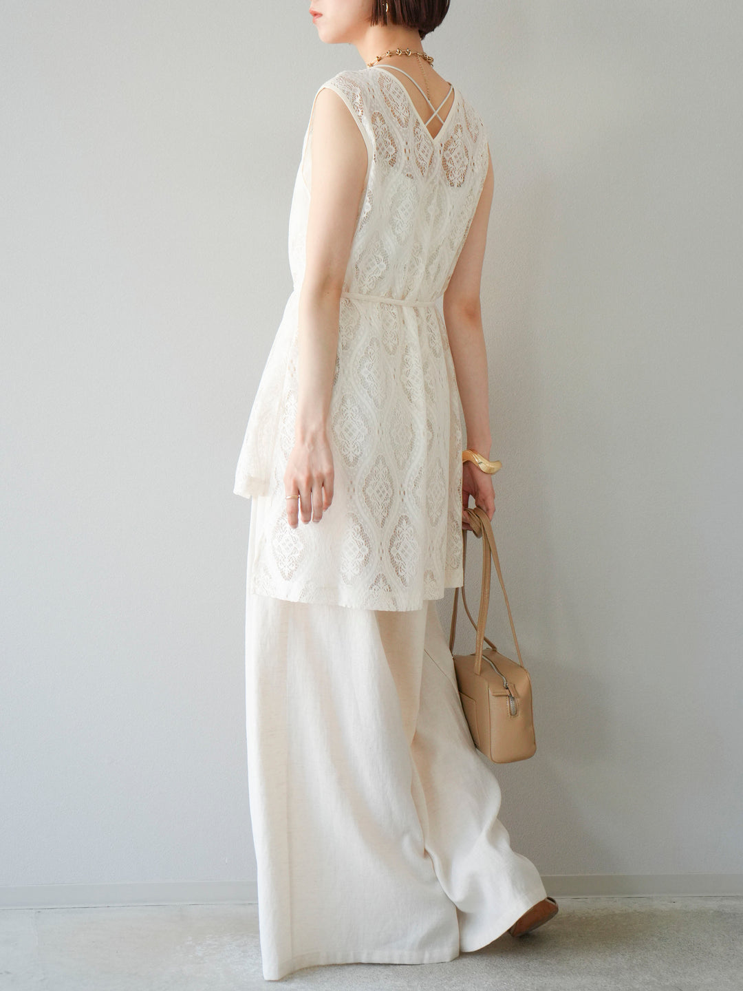 【預購】仿亞麻雙褶設計寬褲/象牙白