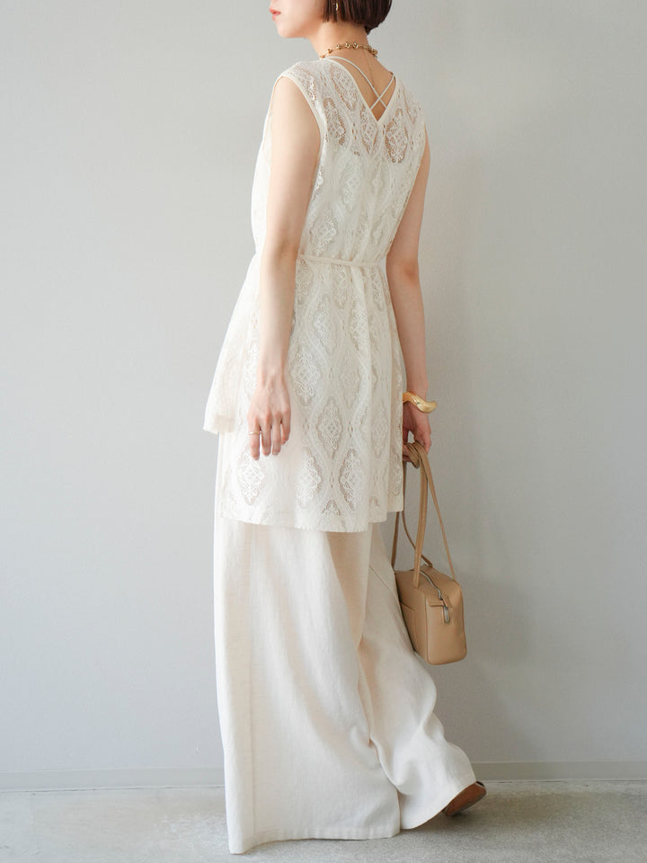 【預購】仿亞麻雙褶設計寬褲/象牙白