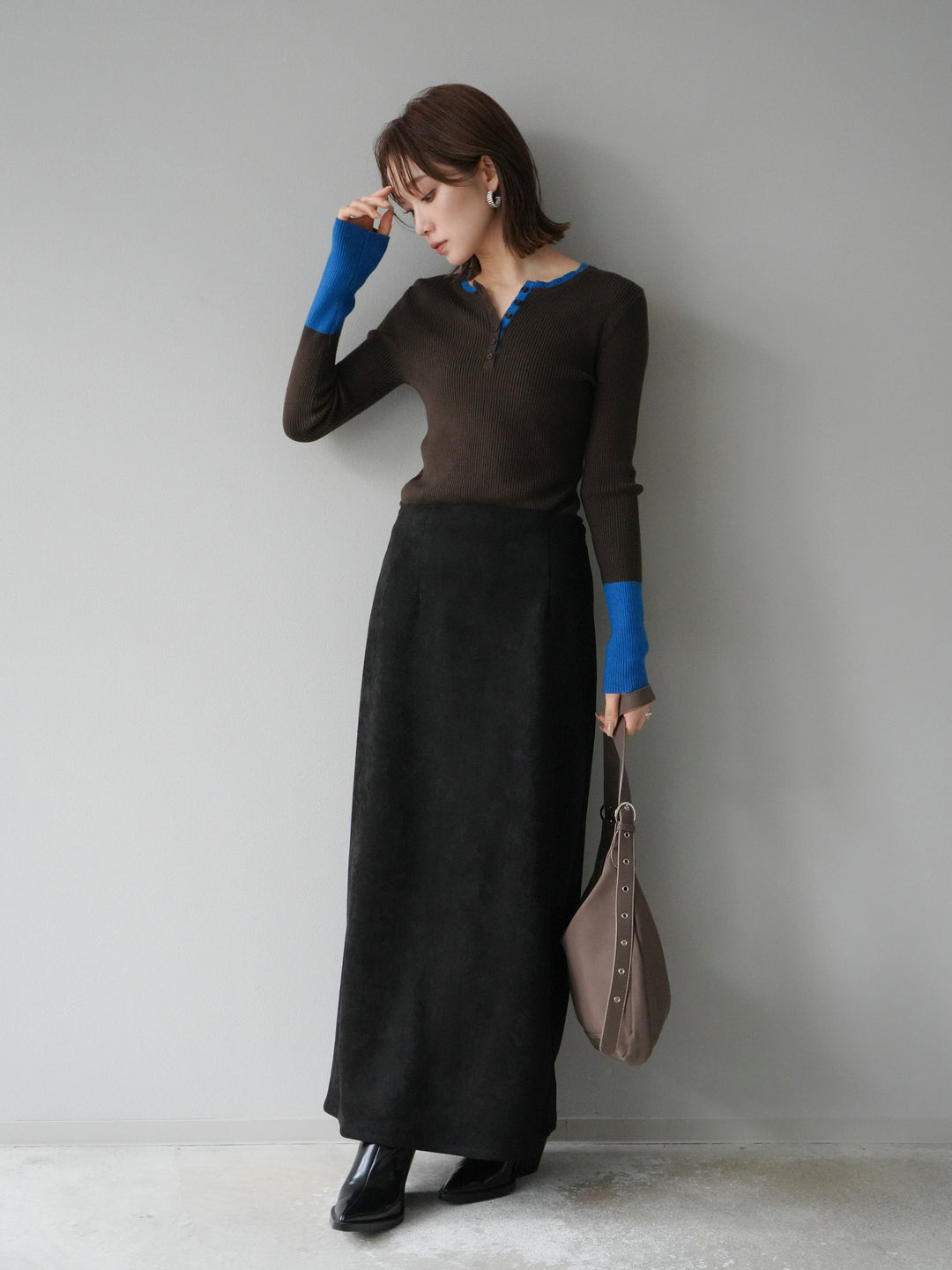 [1]ヘンリーネック配色リブニットトップス/ブラウン