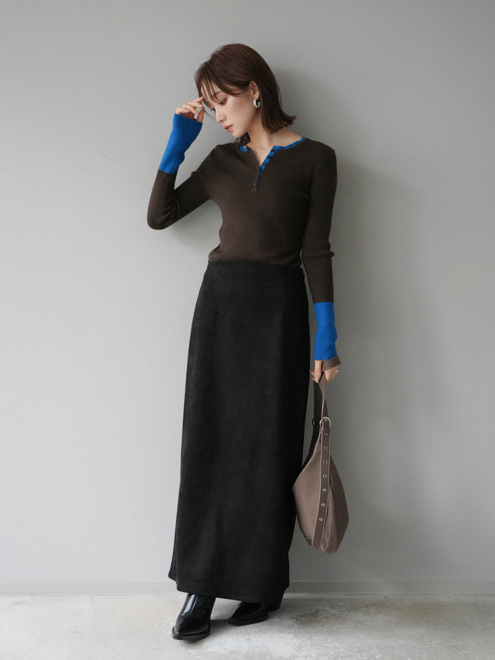 [1]ヘンリーネック配色リブニットトップス/ブラウン