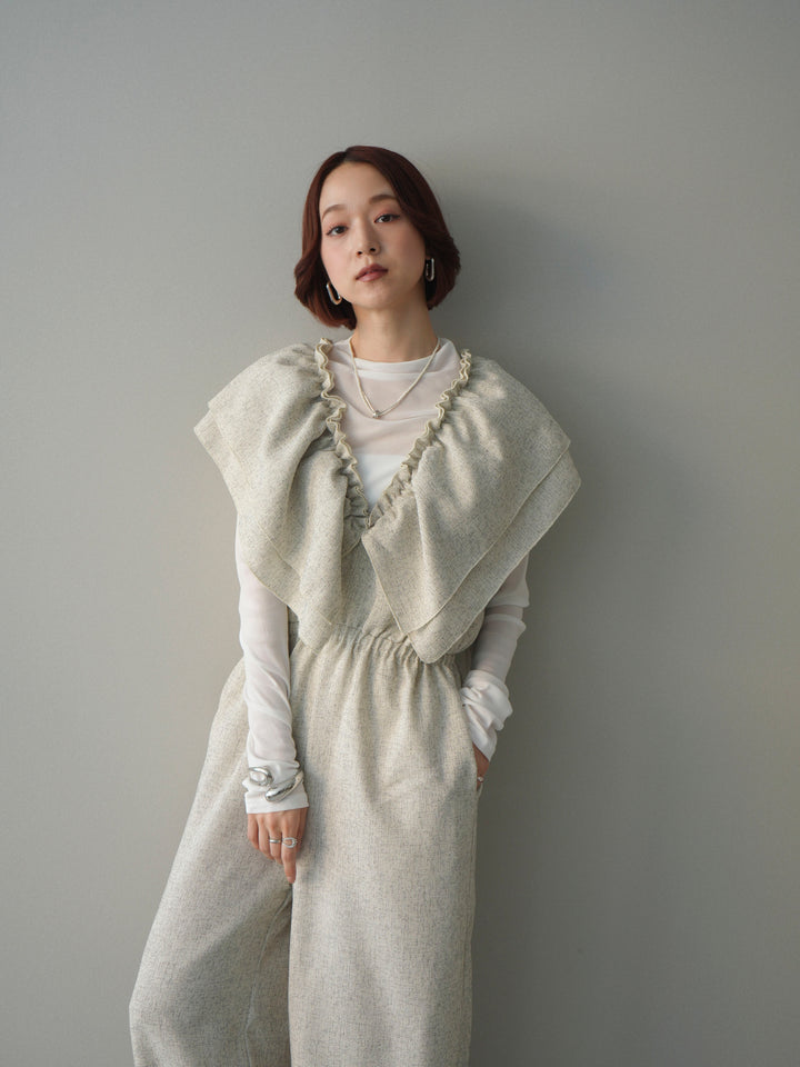 [SET]3WAYミックスツイードギャザーオールインワン+シアープチネックストレッチトップス(2set)