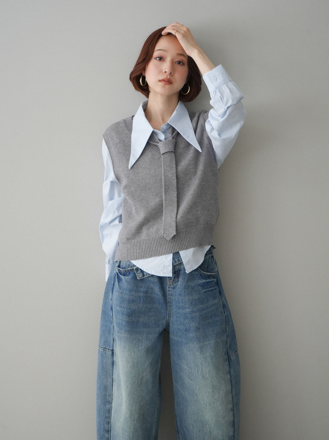 [SET]ボウタイ付ニットベストアンサンブルシャツ+アシメデザインワイドデニムパンツ(2set)