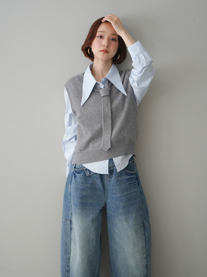 [SET]ボウタイ付ニットベストアンサンブルシャツ+アシメデザインワイドデニムパンツ(2set)
