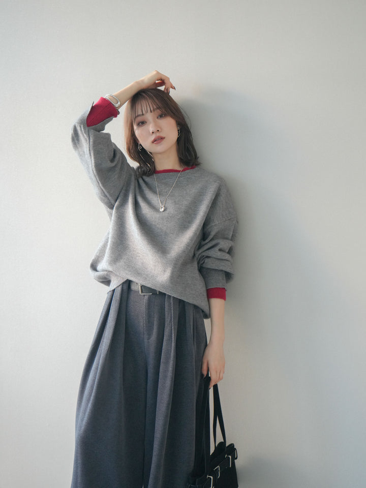 [予約]ヘンリーネック配色レイヤードニットプルオーバー/middlegray