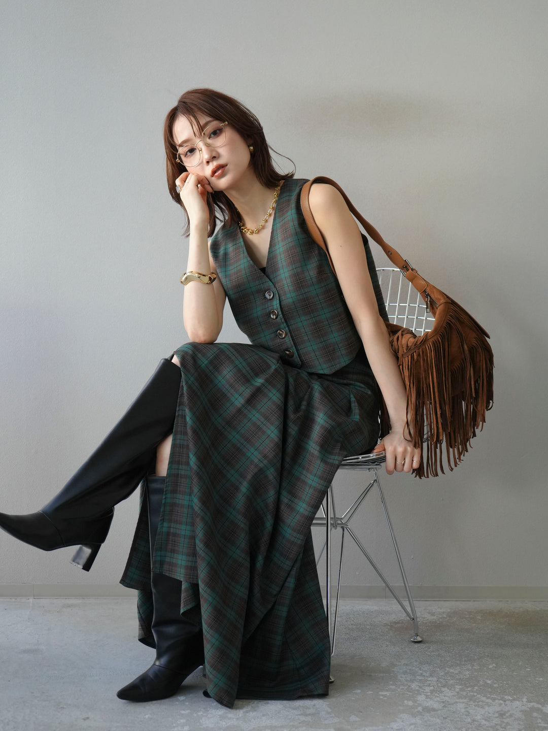 [予約]チェック柄ベスト/グリーン