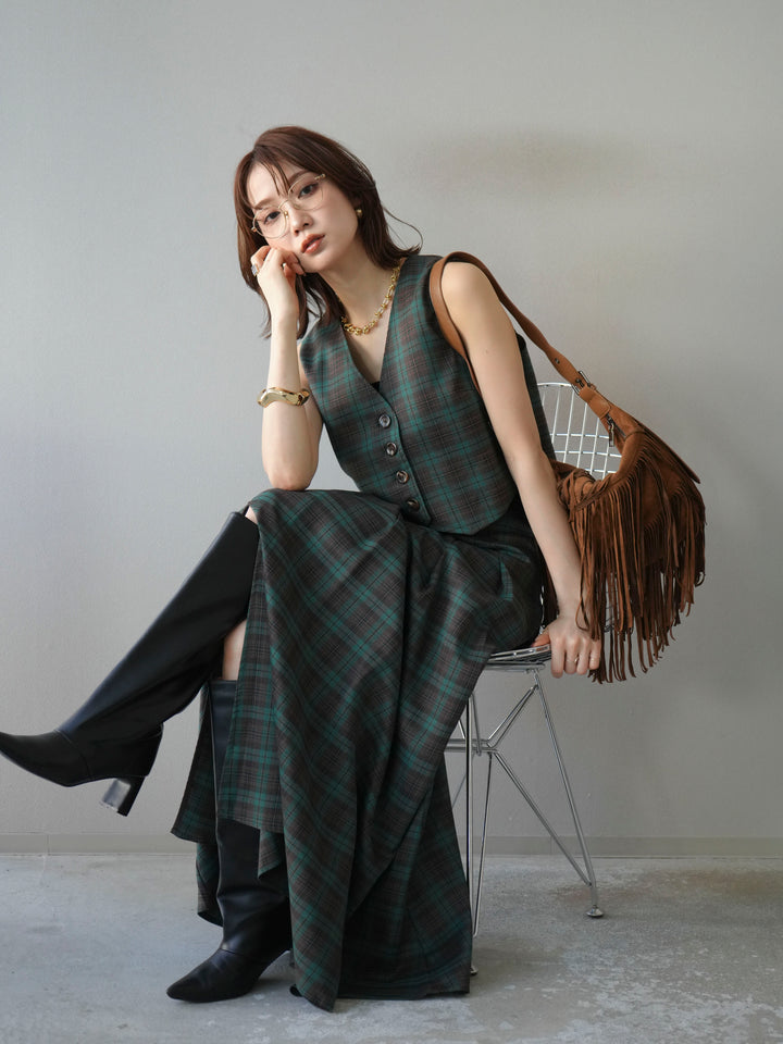 [予約]チェック柄ベスト/グリーン