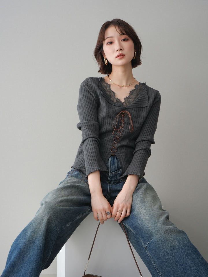 [予約]レースネックレースアップリブニットトップス/gray