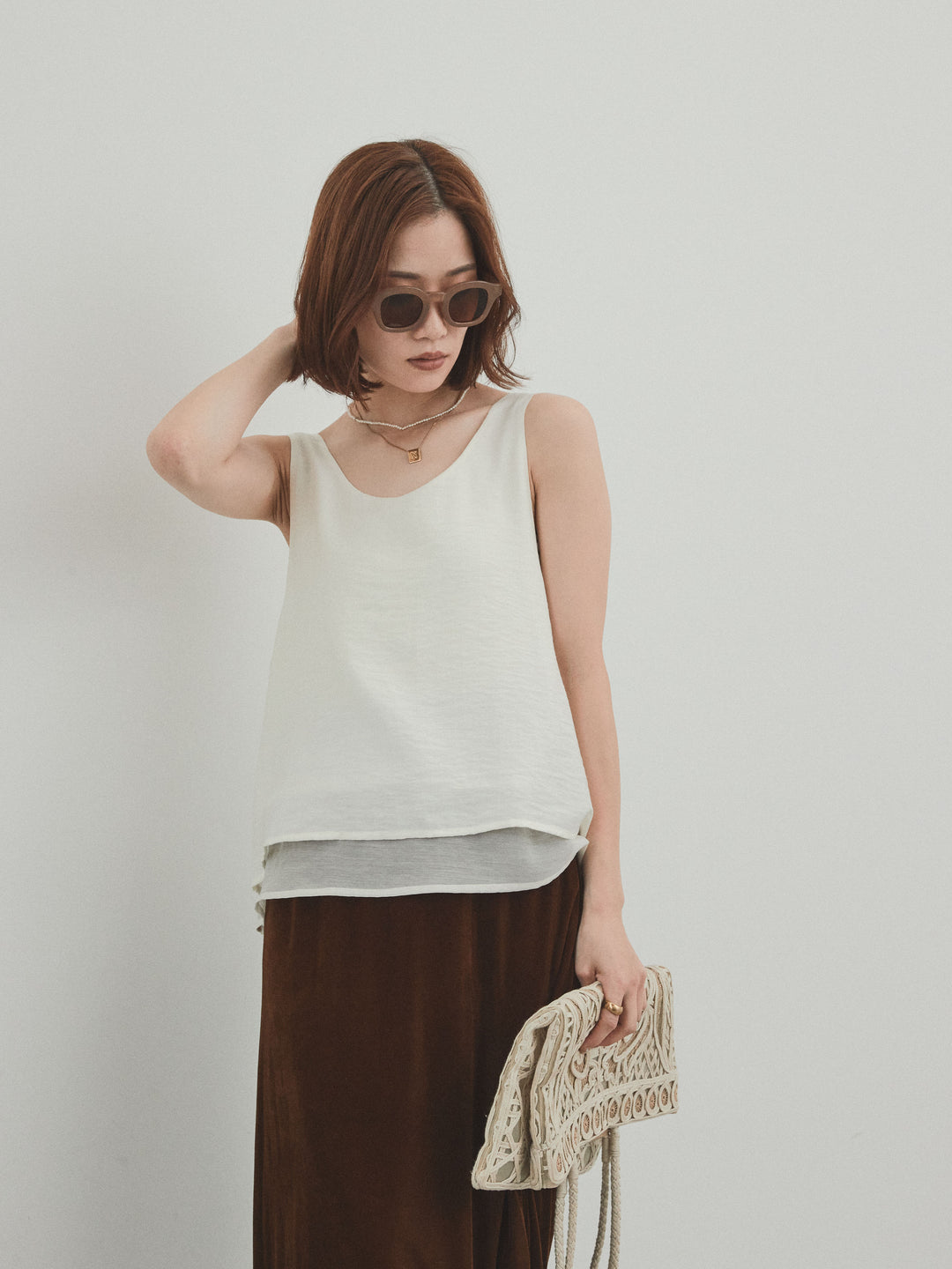 [予約]ワッシャーサテンシアーレイヤードタンクトップ/アイボリー