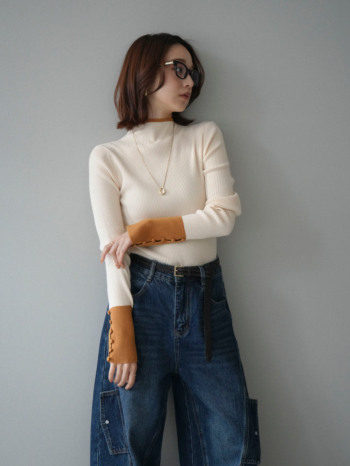 [SET]袖ボタンハイネック配色リブニットトップス+袖ボタンハイネック配色リブニットトップス(2set)