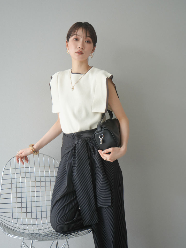 【預購】亞麻質感方袖拼色針織套頭衫/象牙白