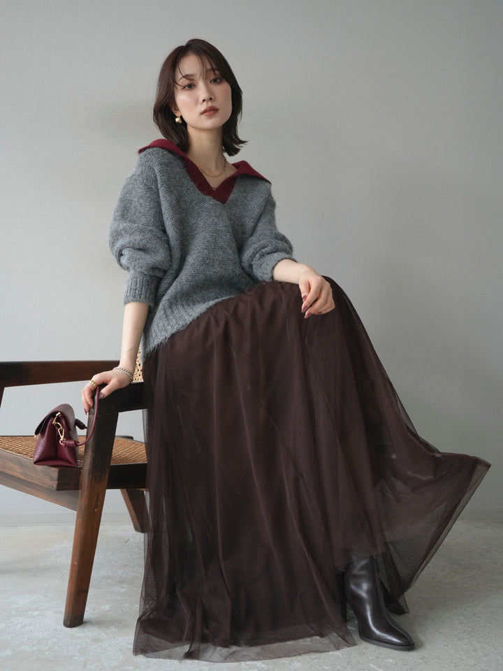 [予約]バイカラー襟付きニットプルオーバー/gray