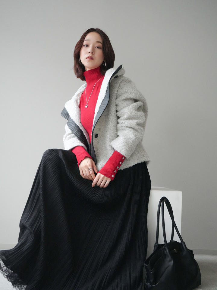 [SET]レザー切替ブークレブルゾン+袖ボタンボトルネックリブニットトップス+裾レーススウェードプリーツマキシスカート(3set)