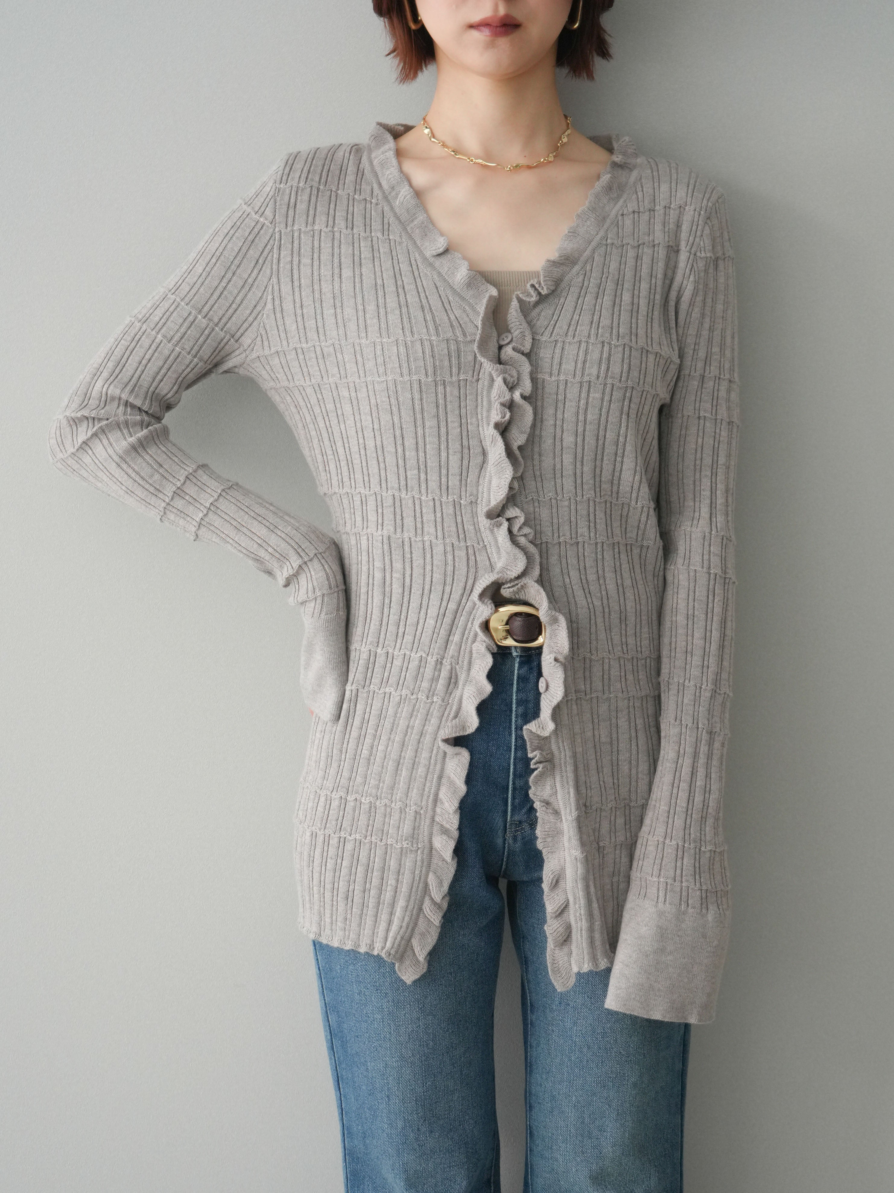 SET]フロントフリルリブニットカーディガン+フレアデニムパンツ(2set