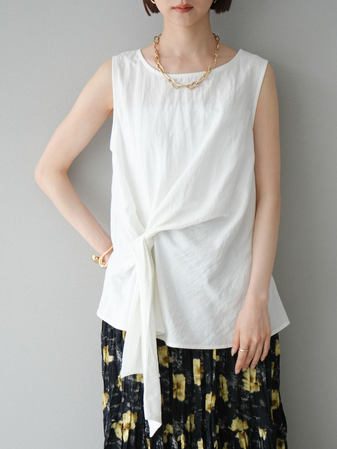 [SET]フロント巻きノースリーブブラウス+フラワーワッシャーロングスカート(2set)