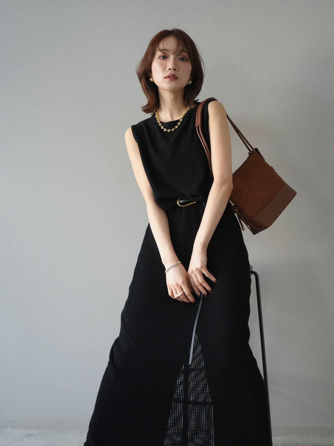 [予約]メッシュ切替ノースリーニットワンピース/black