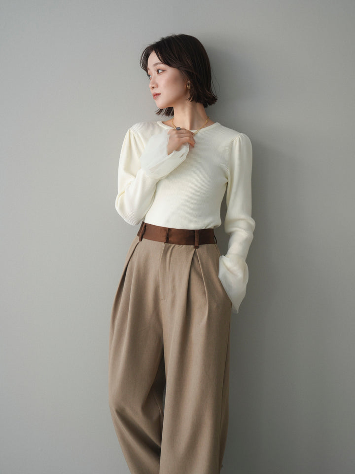 [SET]袖チュールパワショルリブニットトップス+袖チュールパワショルリブニットトップス(2set)