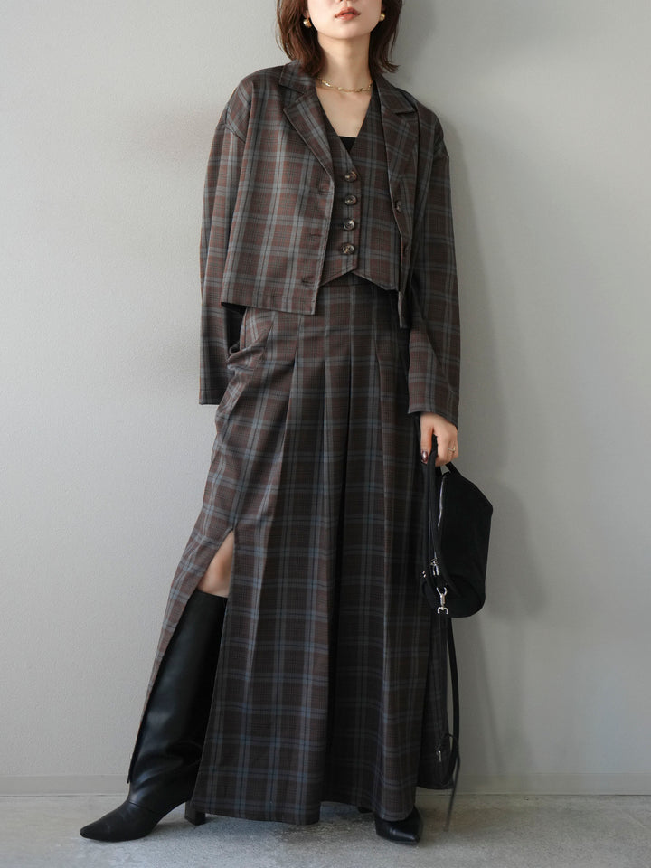 [予約]チェック柄ショートジャケット/ブラウン