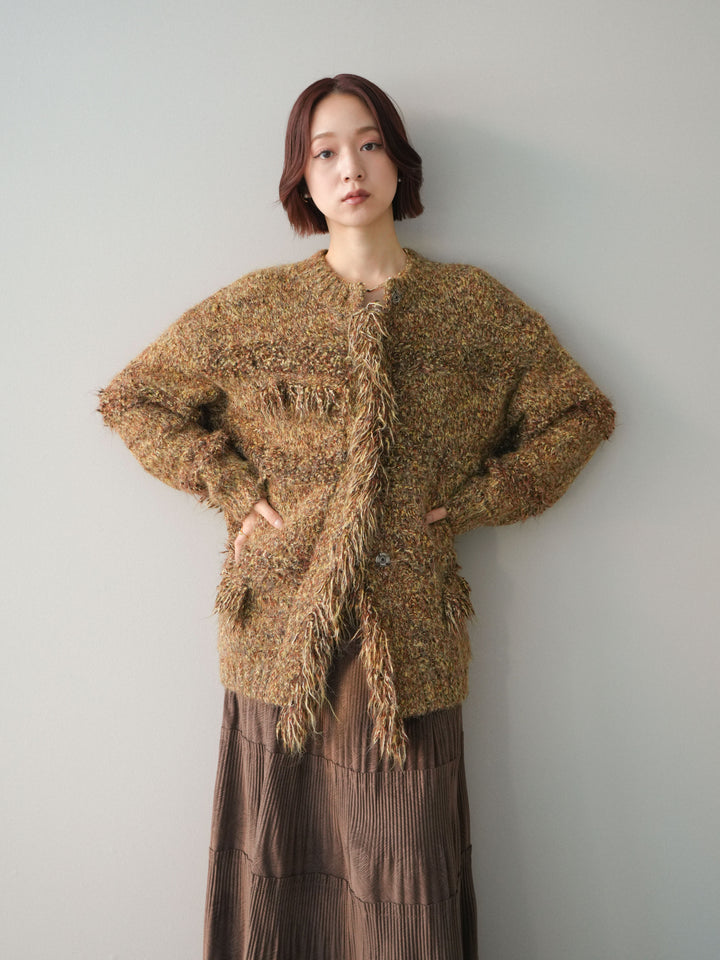 [SET]ミックスヤーンフリンジデザインニットジャケット+型押しスエードティアードプリーツスカート(2set)